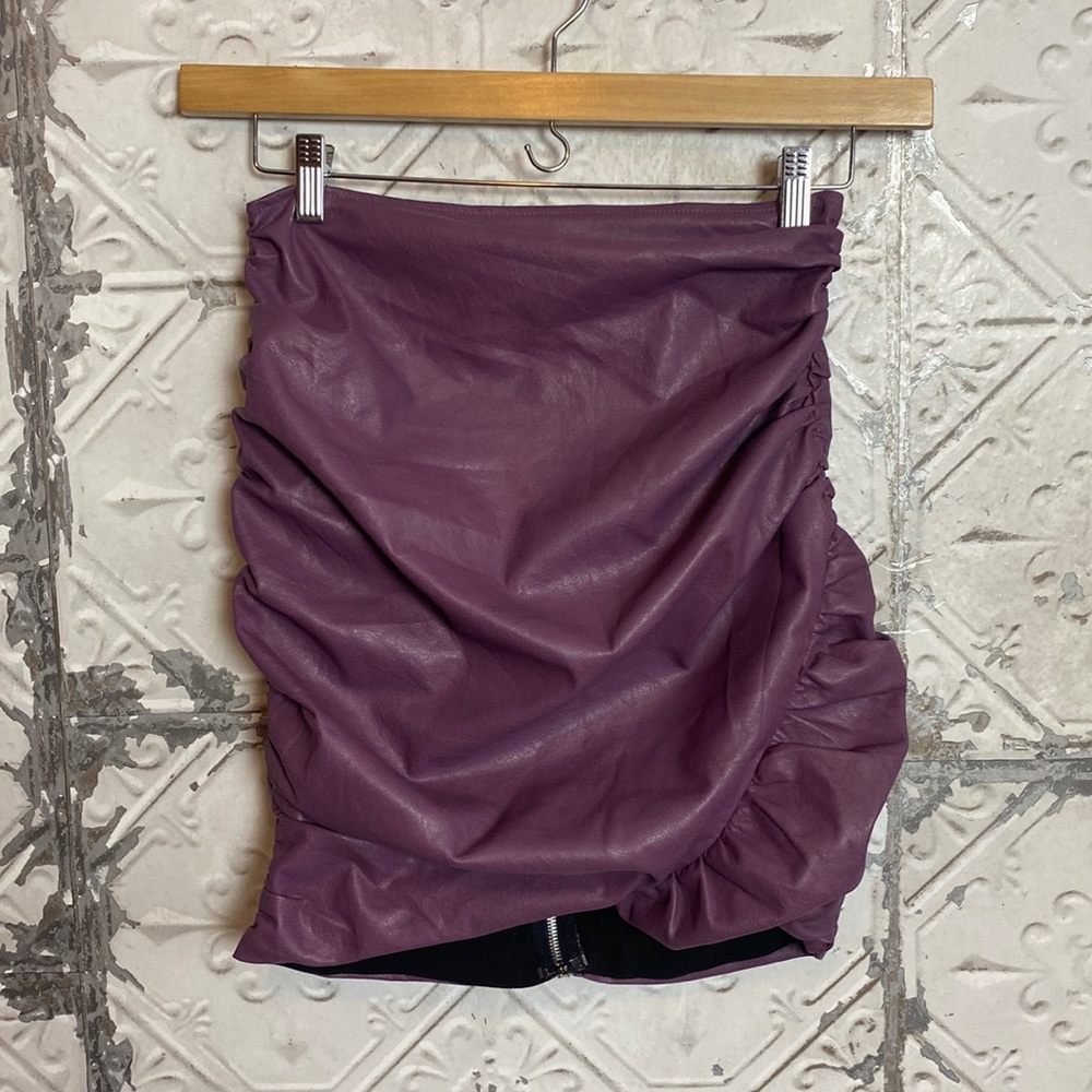 Purple Dillion for love and lemons ruched mini faux leather skirt